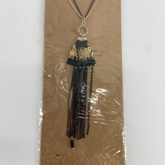 Anthropologie shiraleah black gold Sloan Tassel Necklace New - Picture 2 of 4